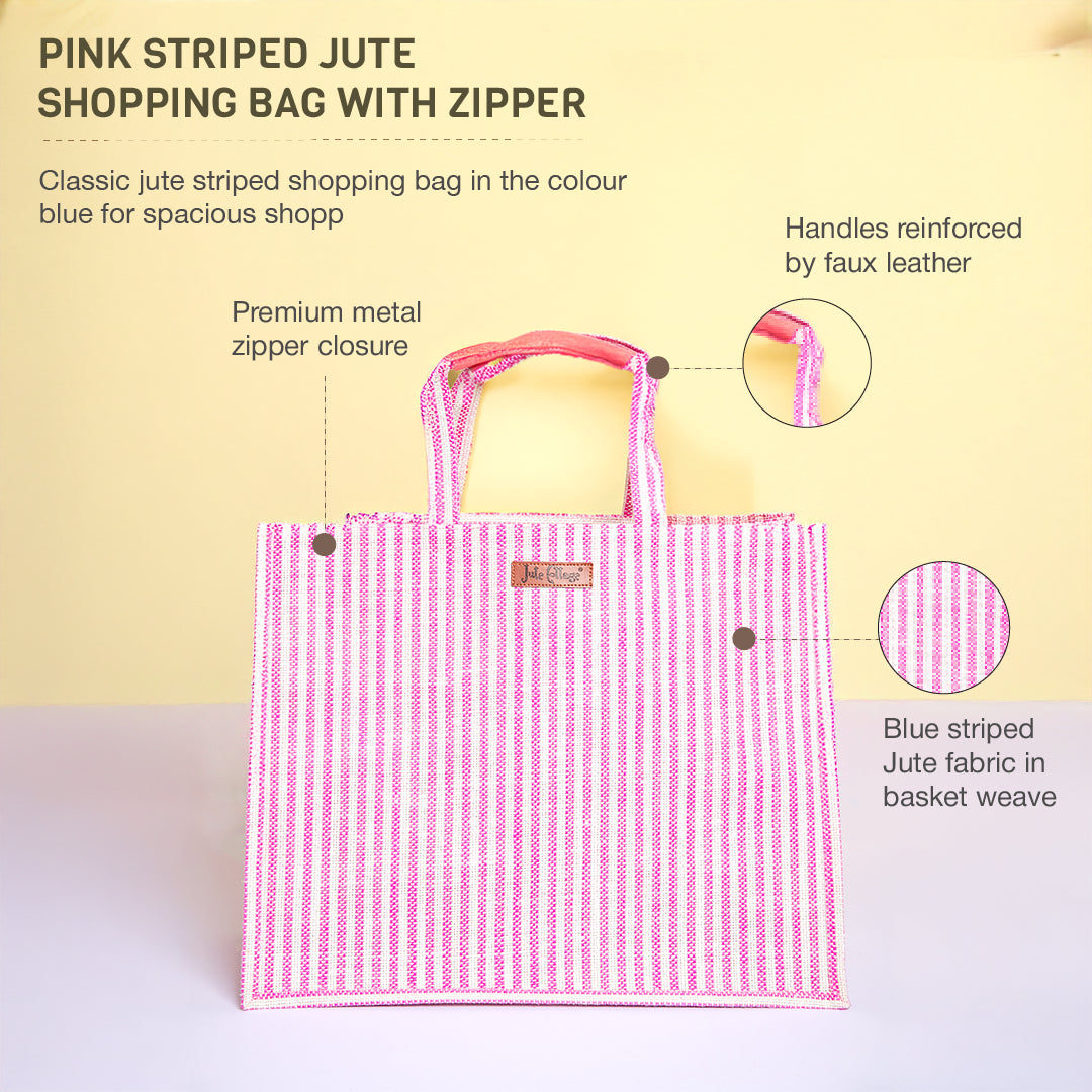 Blue Striped Jute Shopping Bag with Zipper