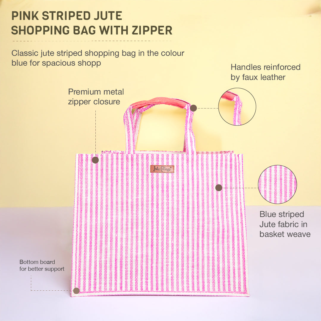 Striped Jute Shopping Bag with Zipper Medium