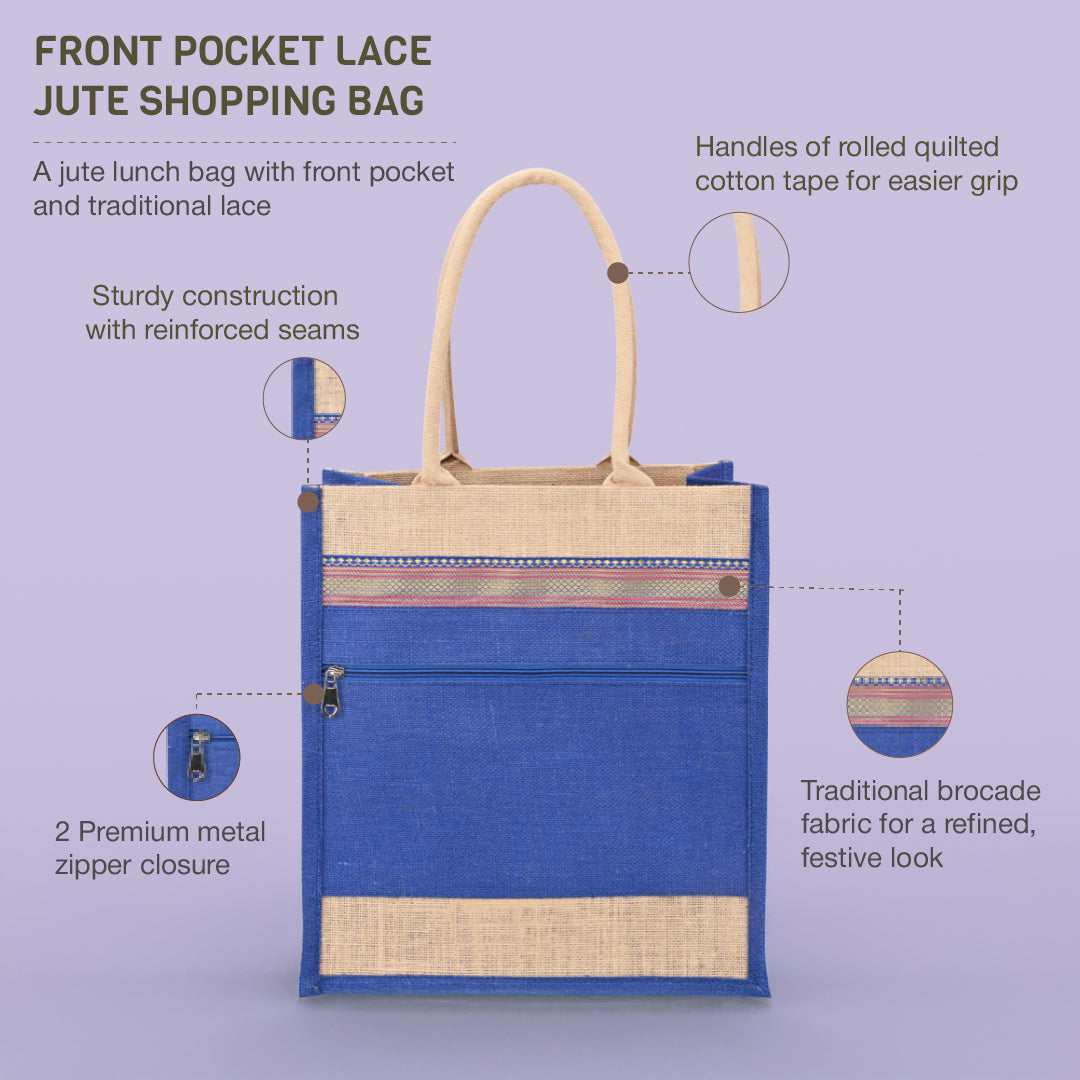 Front Pocket Lace Jute Lunch Bag