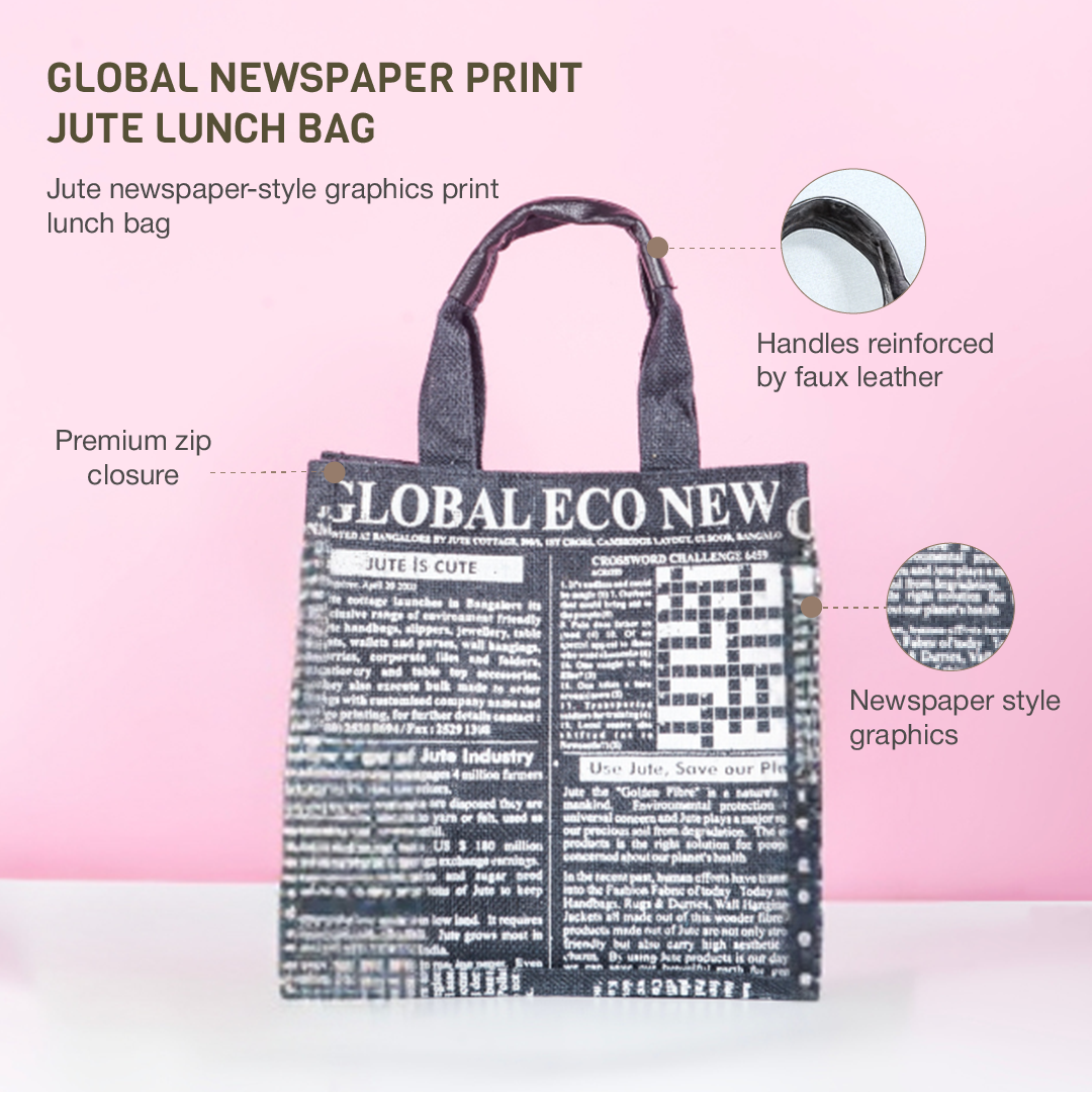 Global Newspaper Print Jute Lunch Bag Medium Black