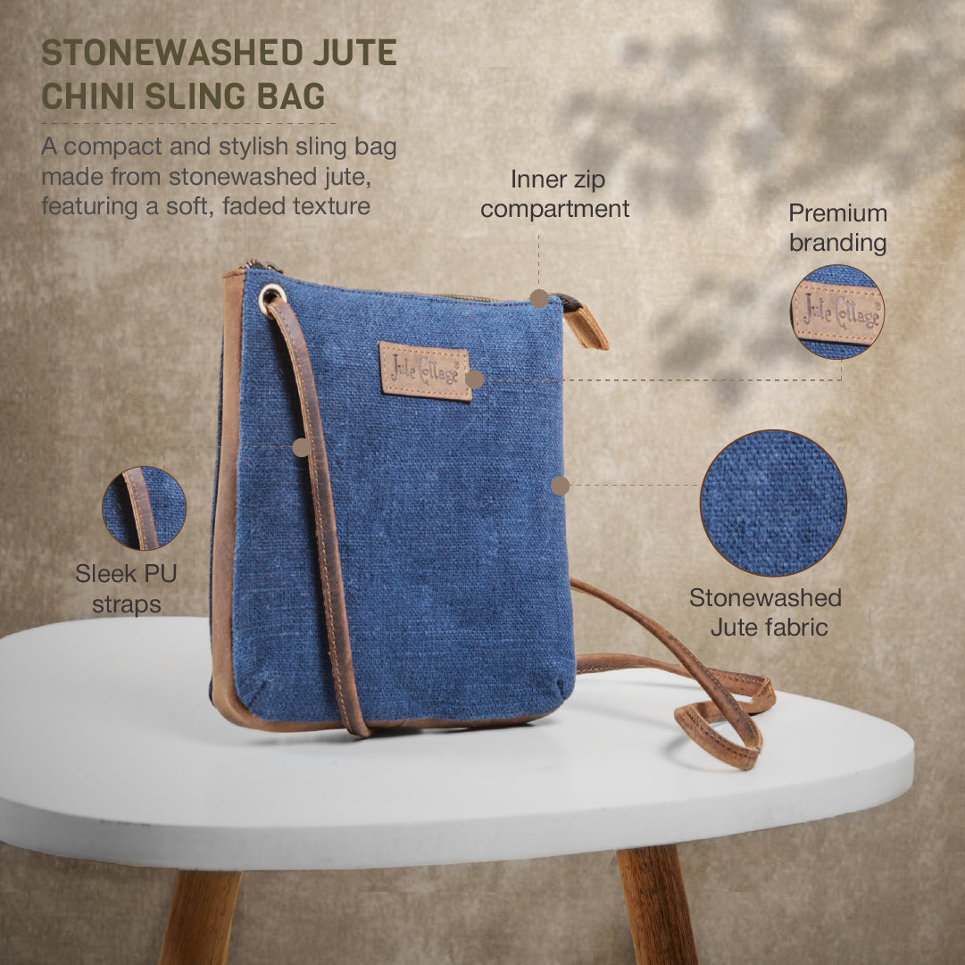 Stonewashed Jute Chini Sling Bag- Blue