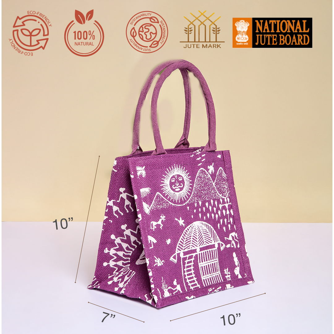 Warli Print Zipper Jute Lunch Bag