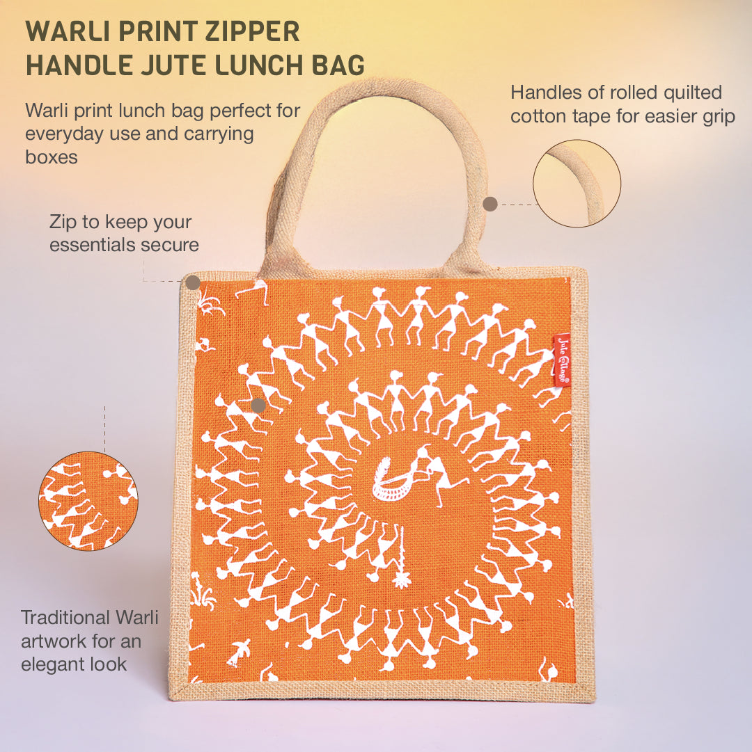 Combo of Jute Orange Warli Lunch Bag and Orange Warli Bottle Bag