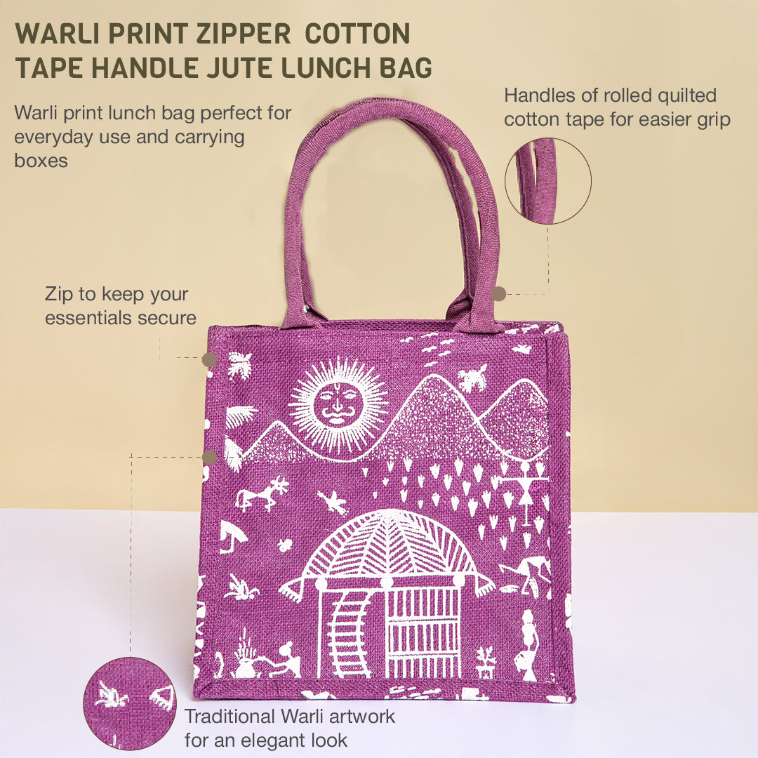 Warli Print Zipper Jute Lunch Bag