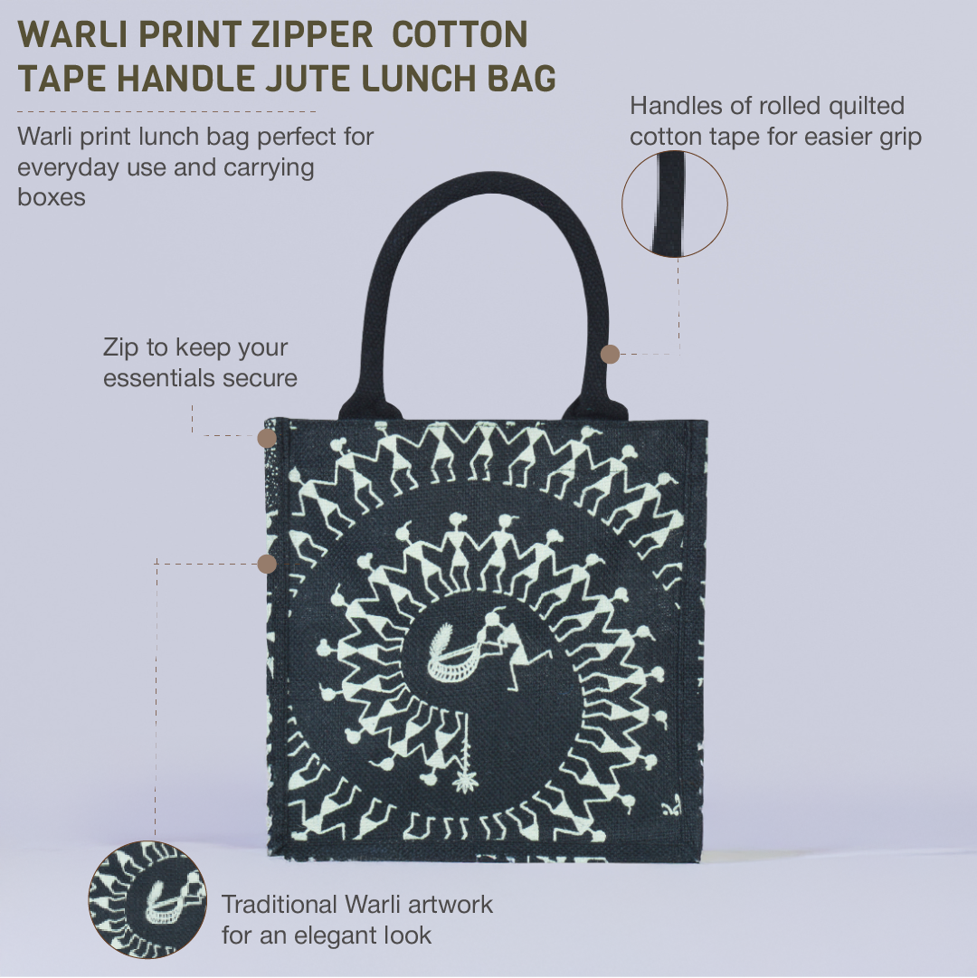 Warli Print Zipper Jute Lunch Bag
