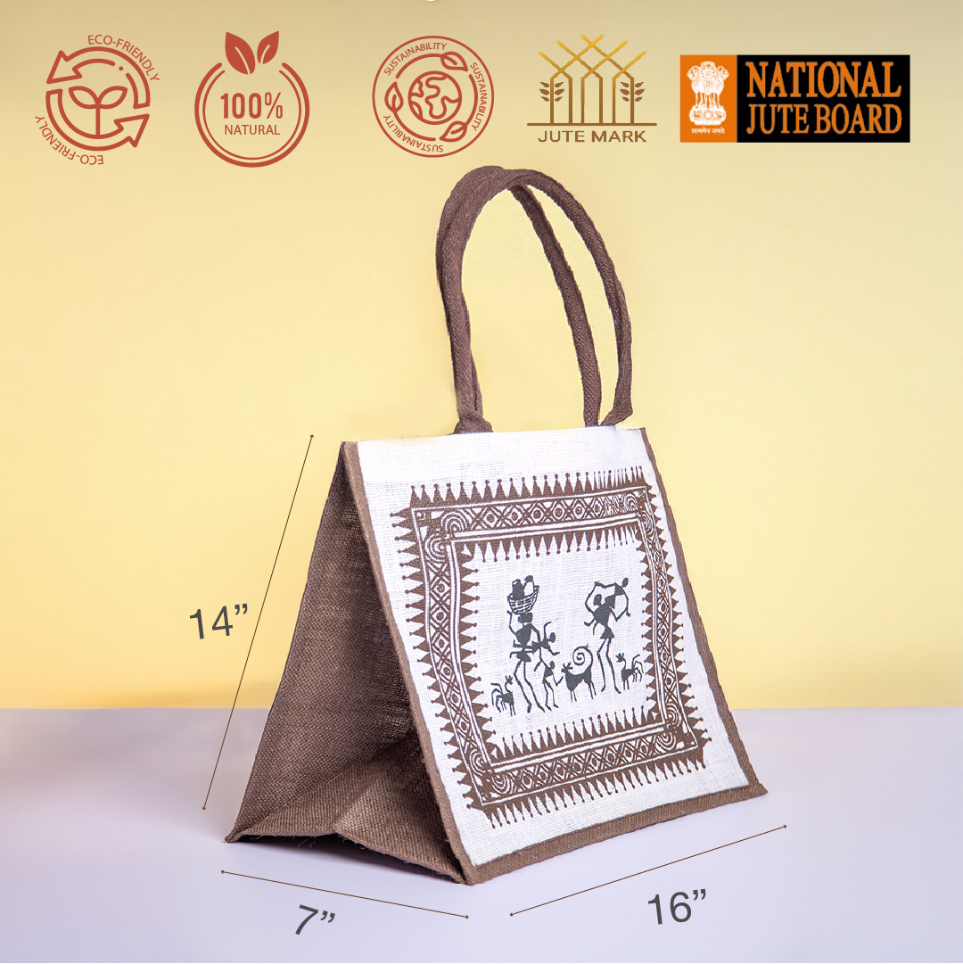 Warli Print Hook and Loop Fastener Jute Shopping Bag