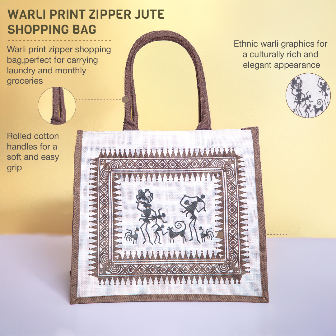 Warli Print Hook and Loop Fastener Jute Shopping Bag