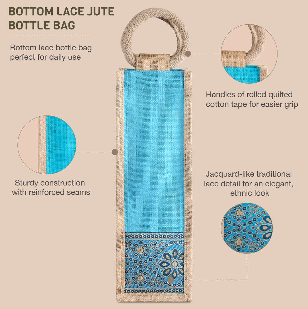 Combo of Jute Lace Zipper Lunch Bag and Bottom Lace Bottle Bag