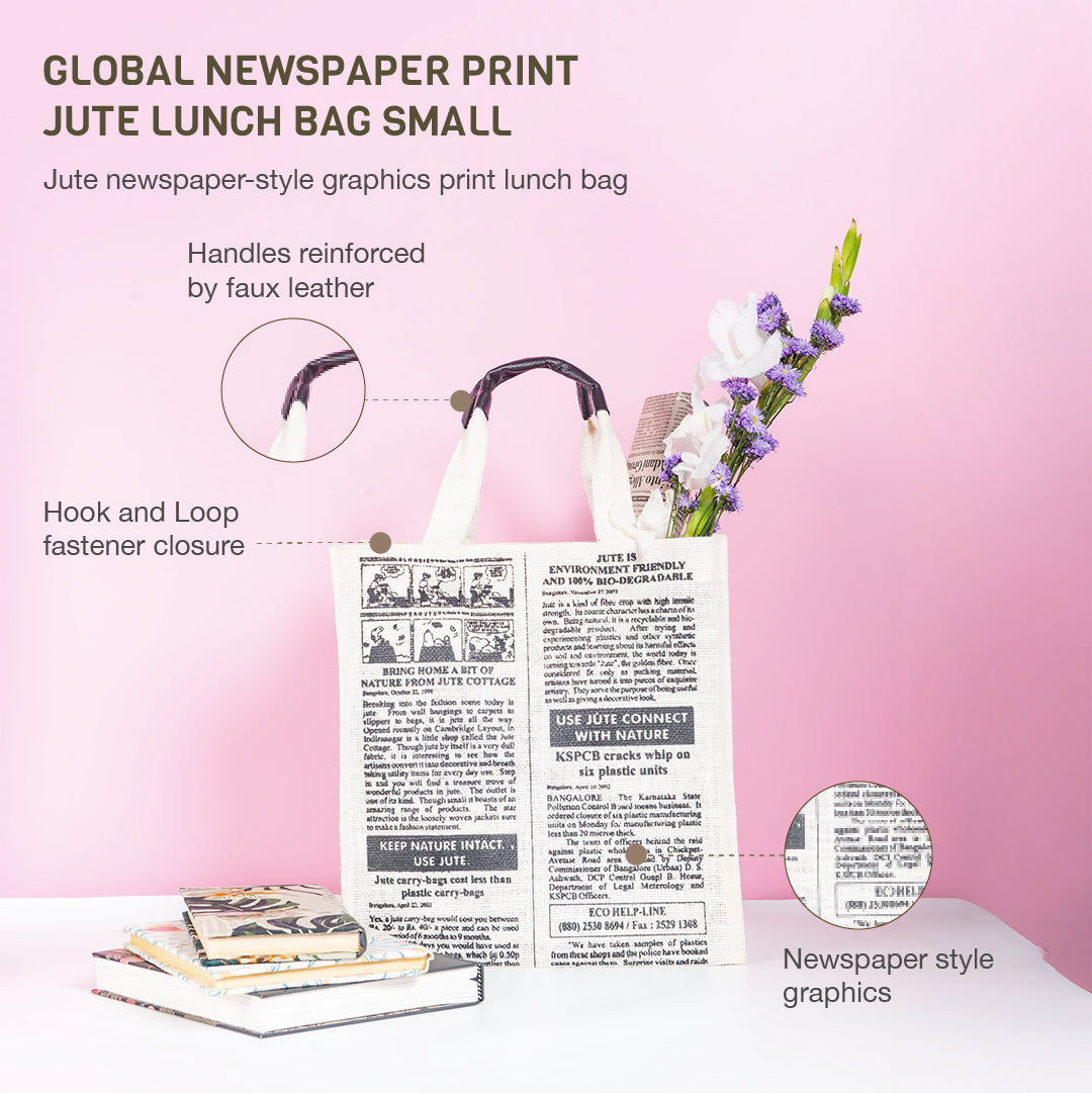 Global Newspaper Print Jute Lunch Bag Small