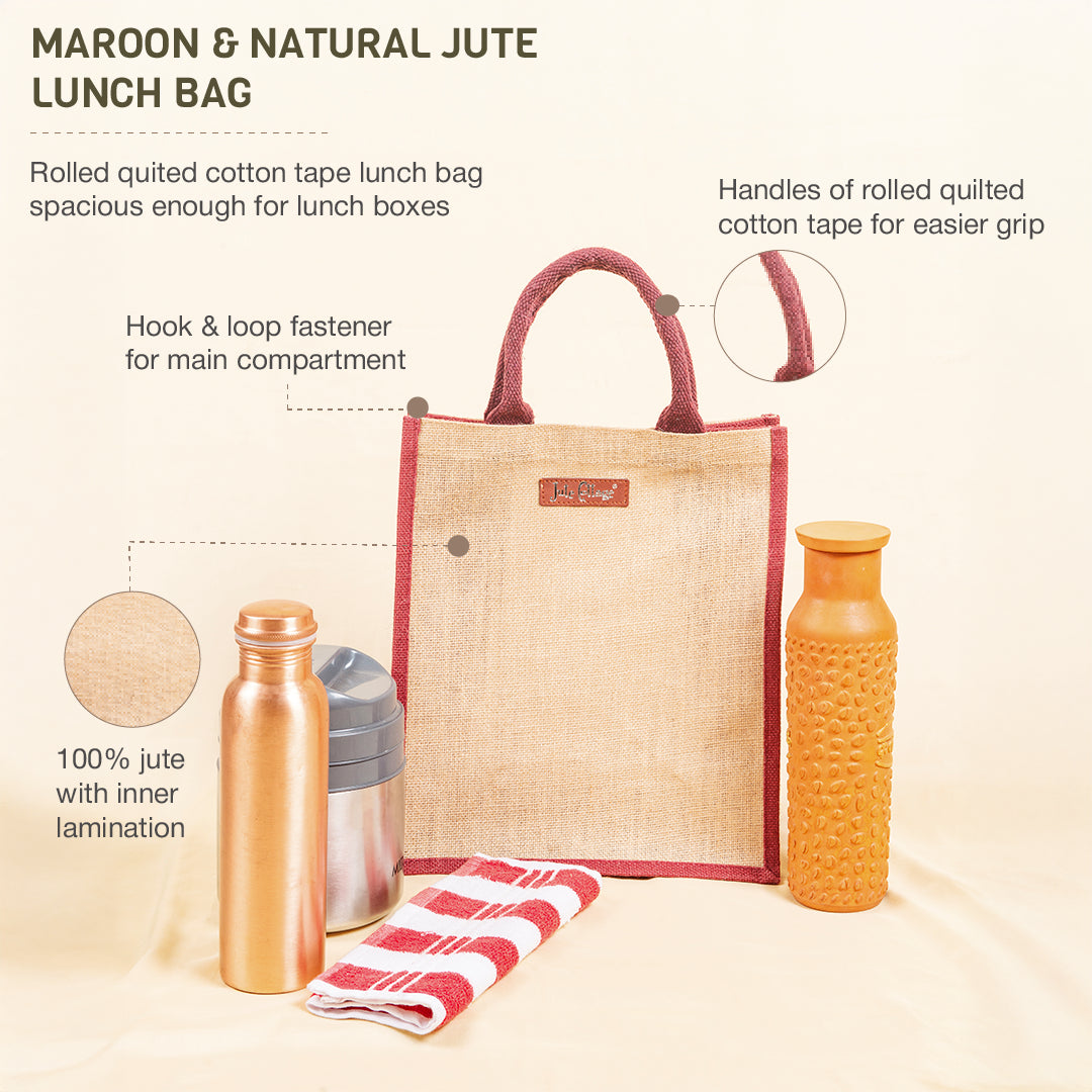 Maroon and Natural Jute Lunch Bag