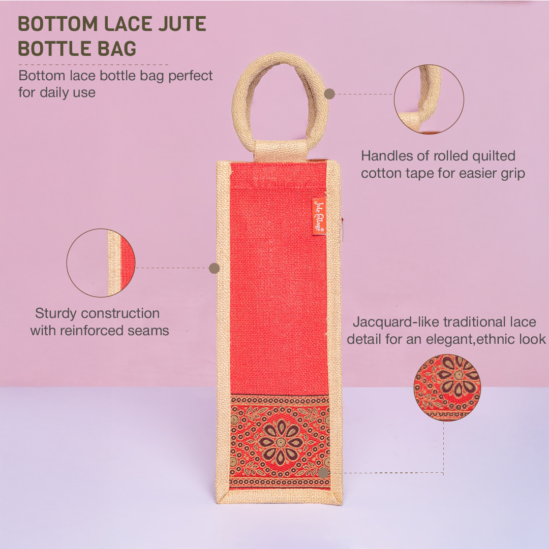 Combo of Jute Lace Zipper Lunch Bag and Bottom Lace Bottle Bag
