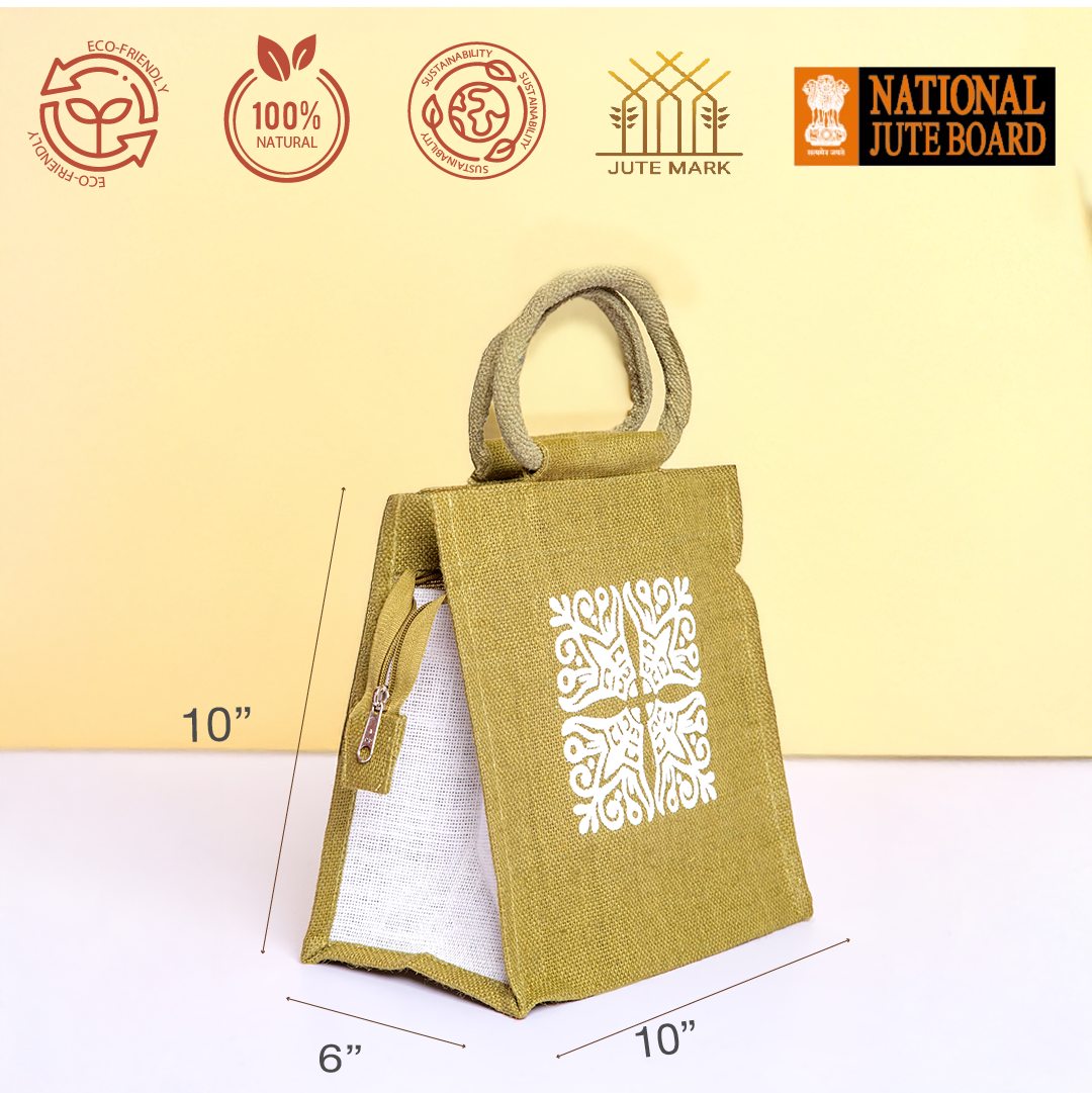 Motif Zipper Jute Lunch Bag
