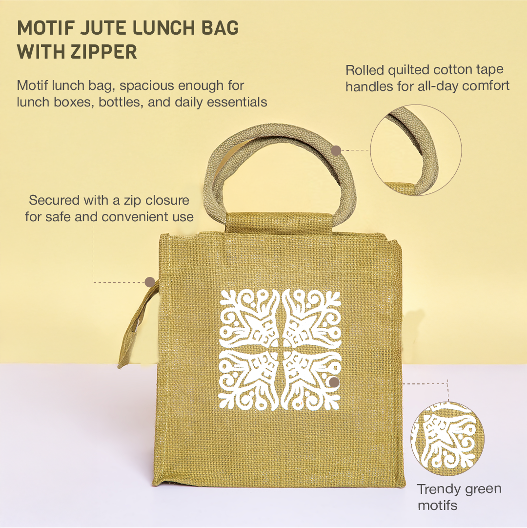 Motif Zipper Jute Lunch Bag