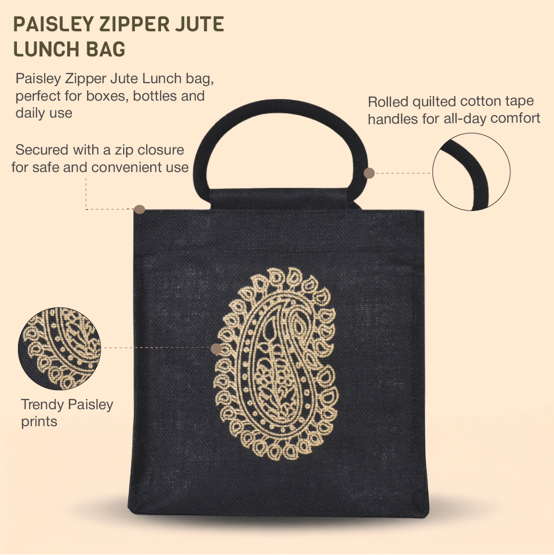 Motif Zipper Jute Lunch Bag