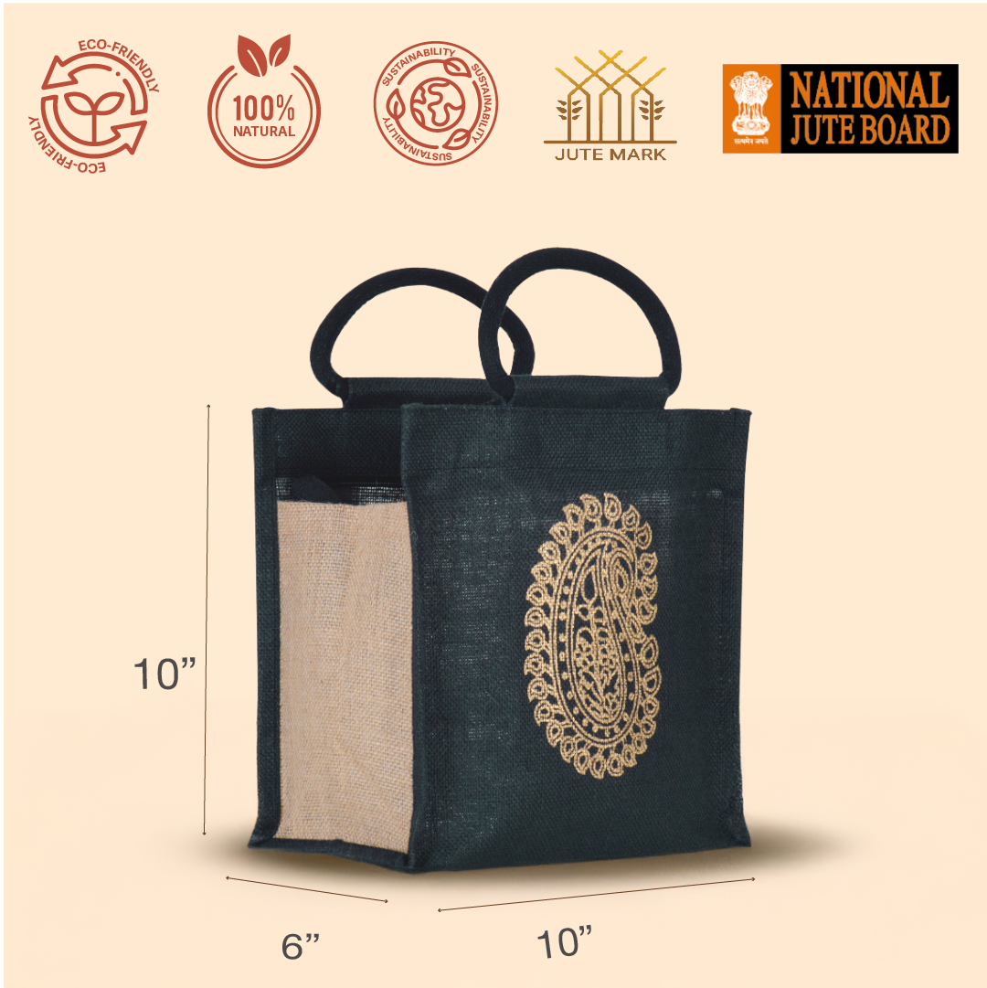Motif Zipper Jute Lunch Bag