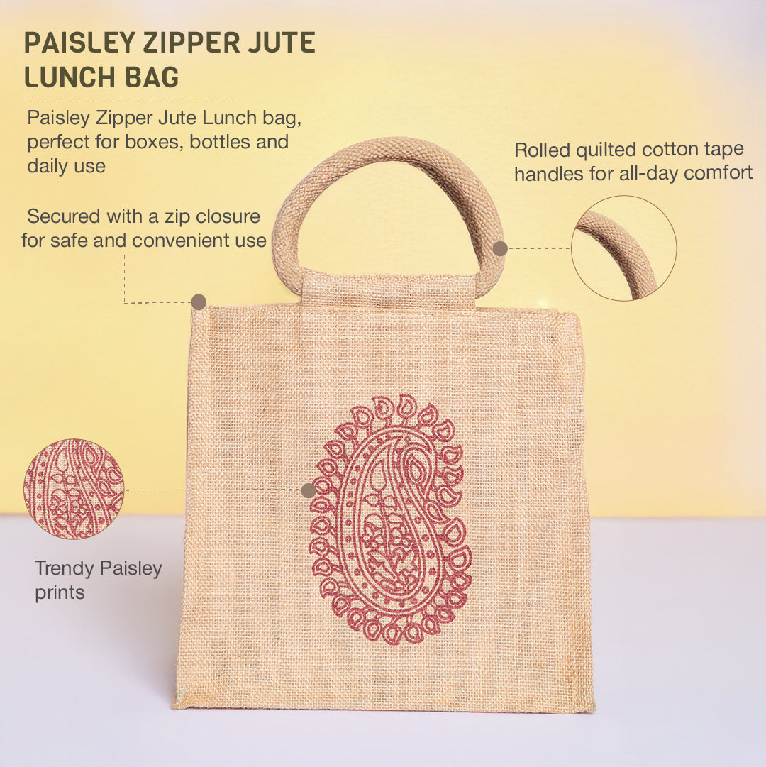 Motif Zipper Jute Lunch Bag