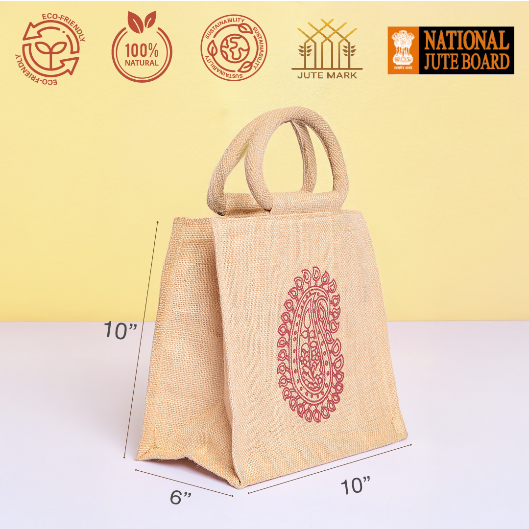 Motif Zipper Jute Lunch Bag