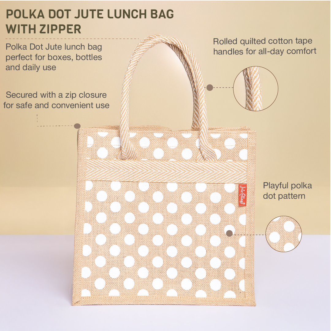 Polka Dot Jute Lunch Bag with Zipper