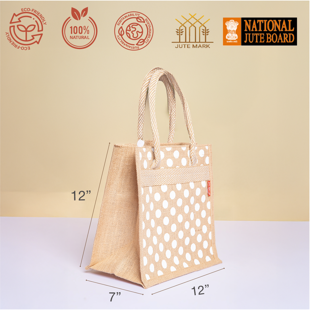 Polka Dot Jute Lunch Bag with Zipper