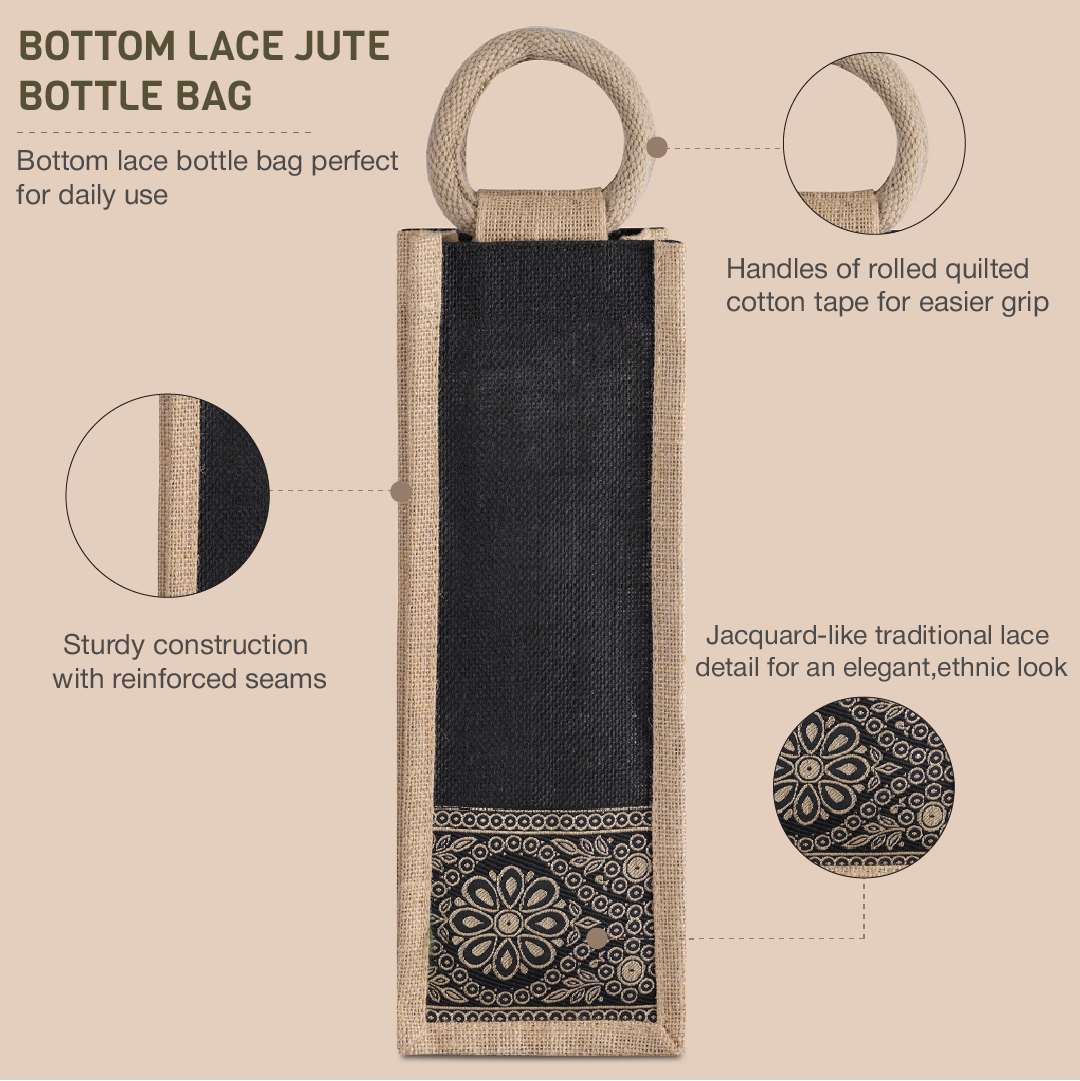 Combo of Jute Lace Zipper Lunch Bag and Bottom Lace Bottle Bag