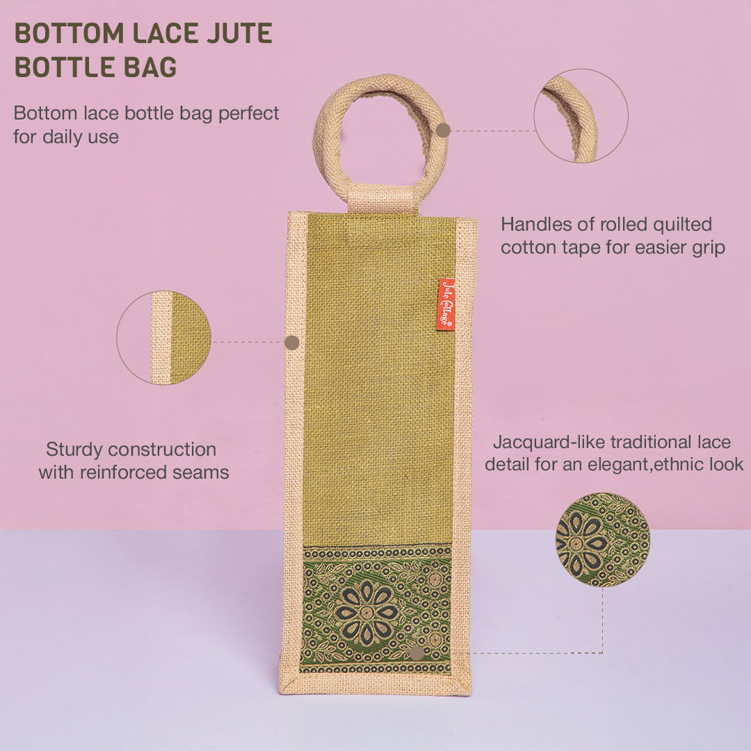 Combo of Jute Lace Zipper Lunch Bag and Bottom Lace Bottle Bag