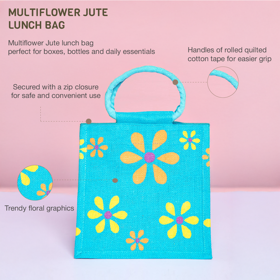 Combo of Jute Multiflower Lunch Bag and Water is Our Best Friend Bottle Bag