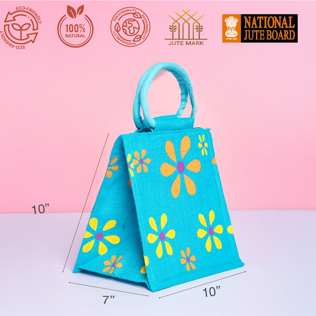 Combo of Jute Multiflower Lunch Bag and Water is Our Best Friend Bottle Bag