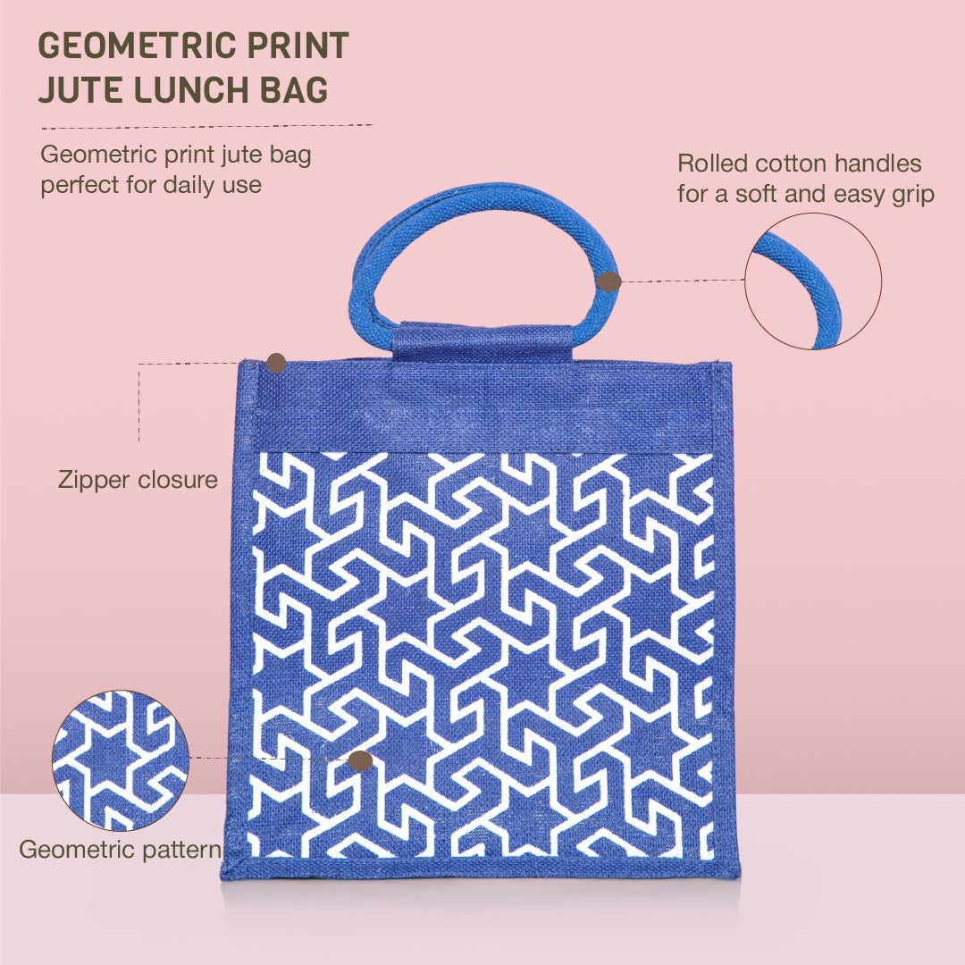 JUTE COTTAGE GEOMETRIC MOTIF PRINT LUNCH ZIPPER, SUSTAINABLE, ECO-FRIENDLY, 100% GENUINE JUTE, STYLISH (GREEN/RED 12X12X7)