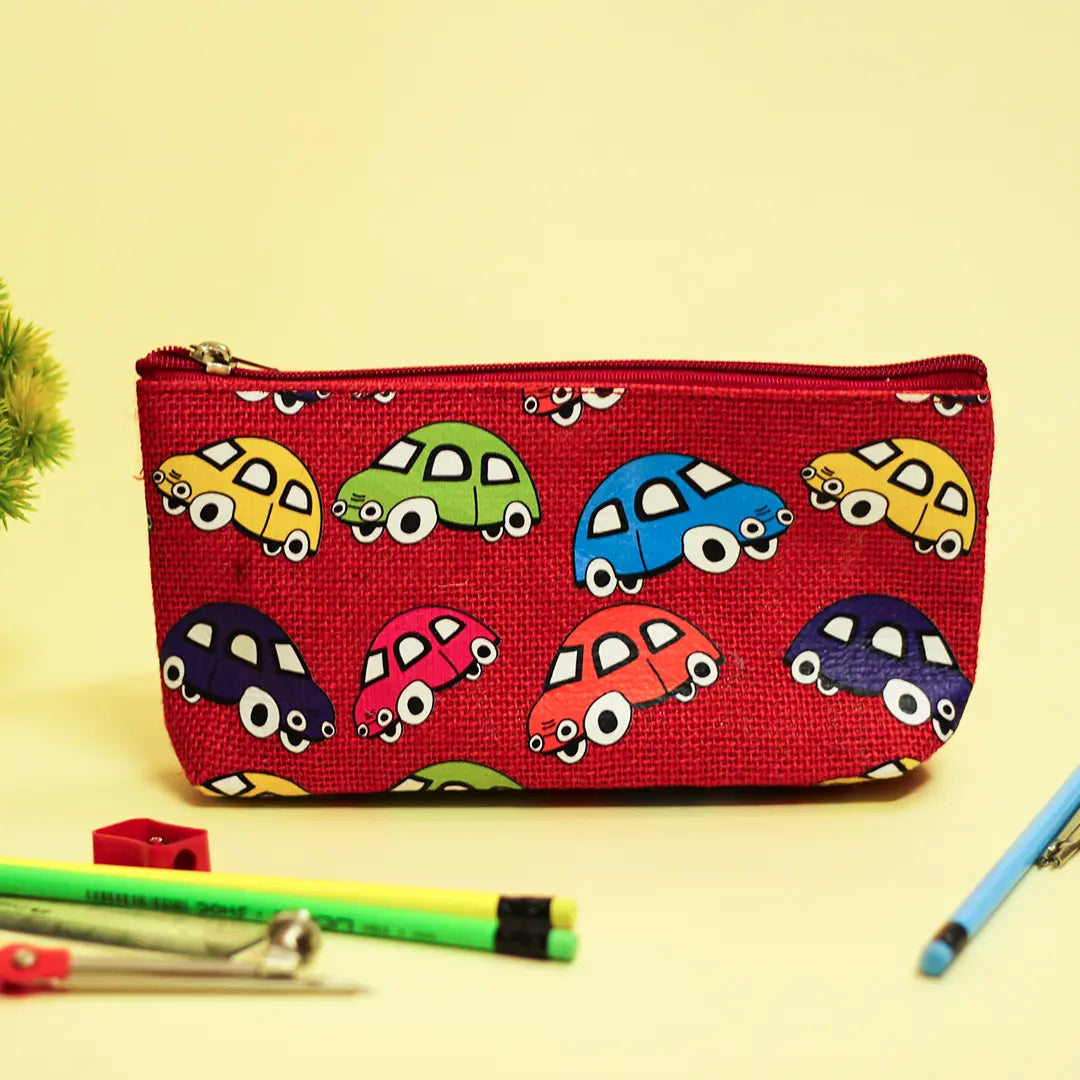 Car Print Single Zip Jute Pouch