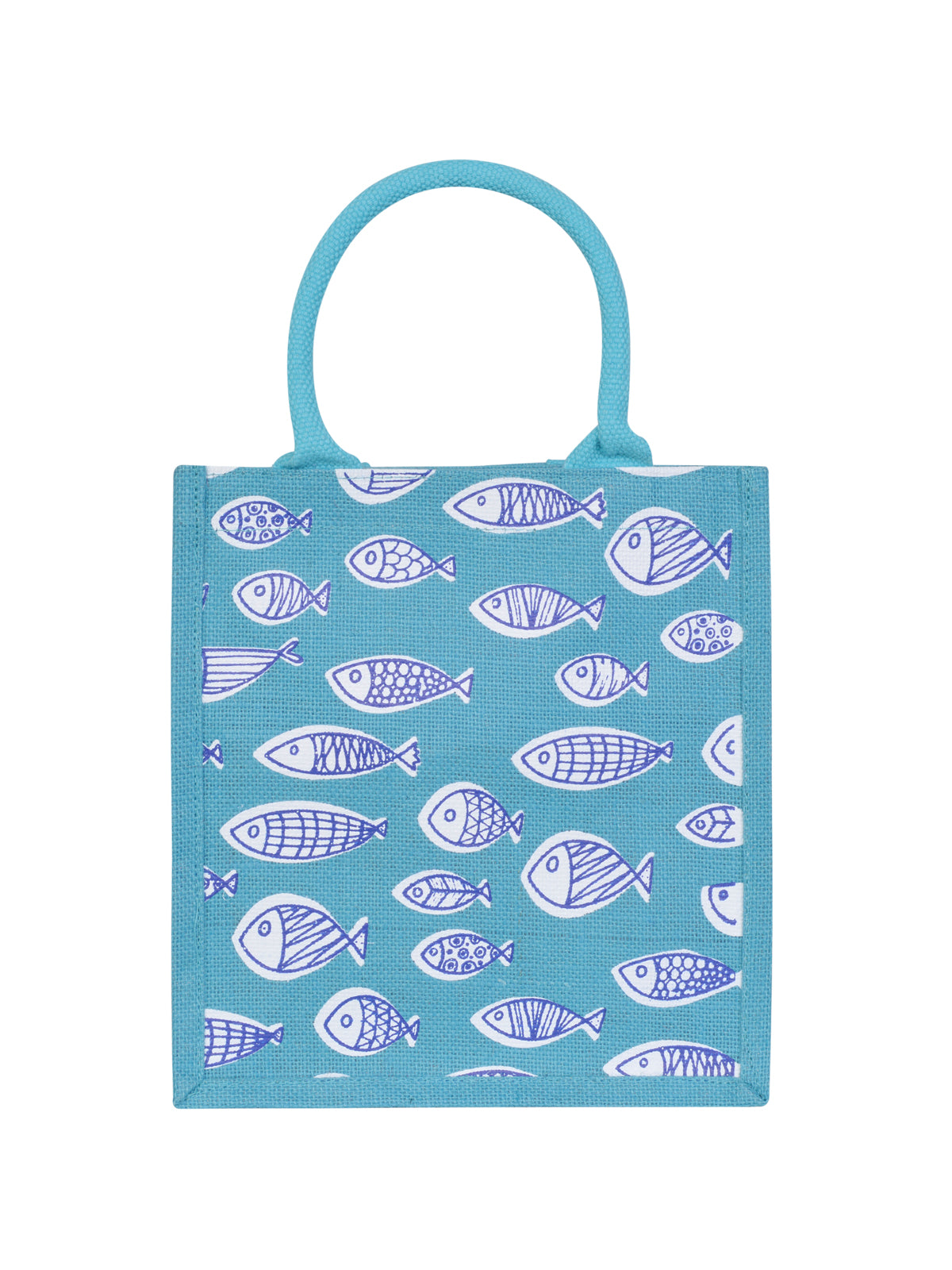 JUTE COTTAGE FISH PRINT ZIPPER LUNCH BAG, SUSTAINABLE, ECO-FRIENDLY, 100% GENUINE JUTE, STYLISH (TURQUOISE BLUE 11X10X7)