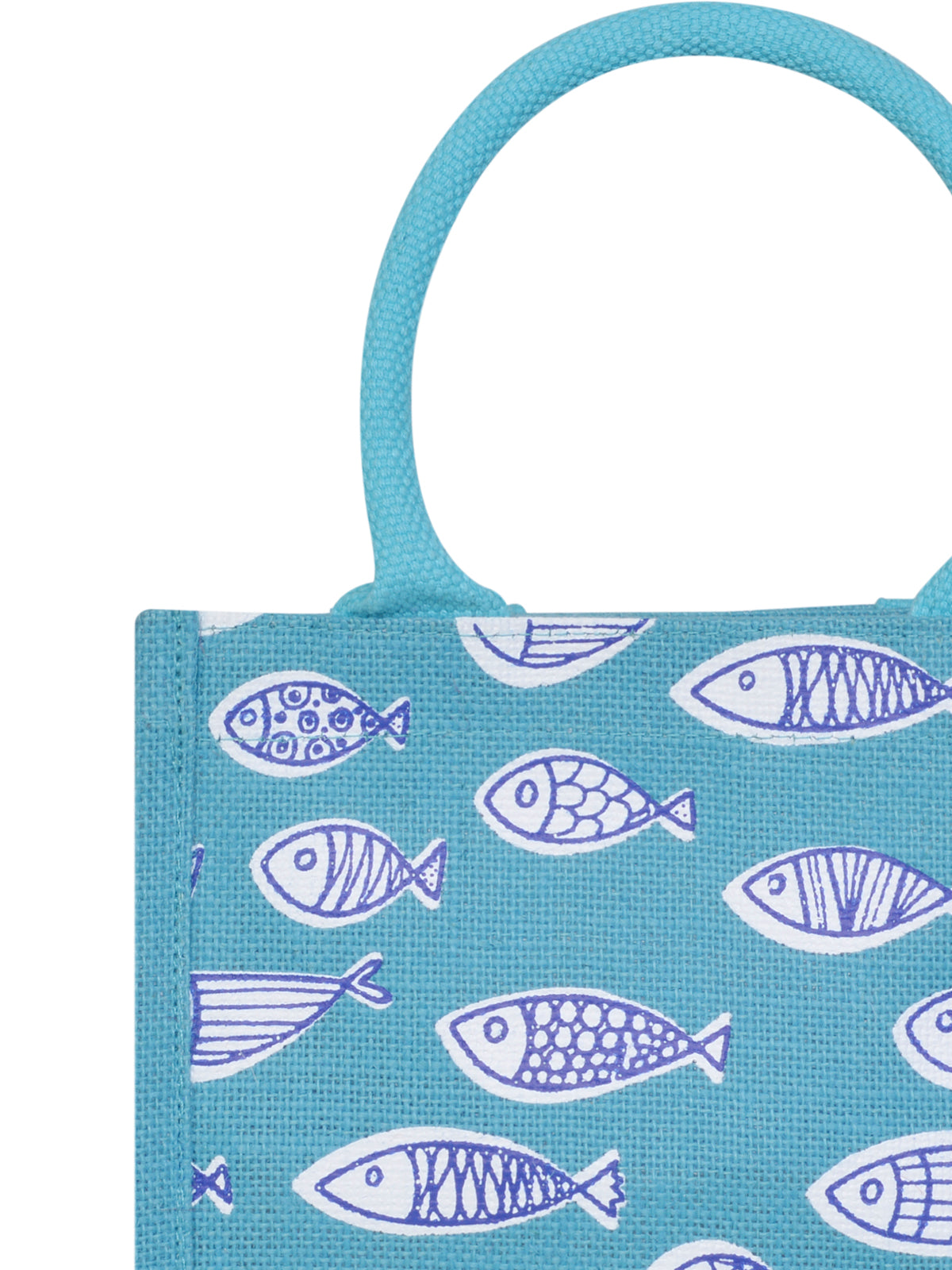 JUTE COTTAGE FISH PRINT ZIPPER LUNCH BAG, SUSTAINABLE, ECO-FRIENDLY, 100% GENUINE JUTE, STYLISH (TURQUOISE BLUE 11X10X7)