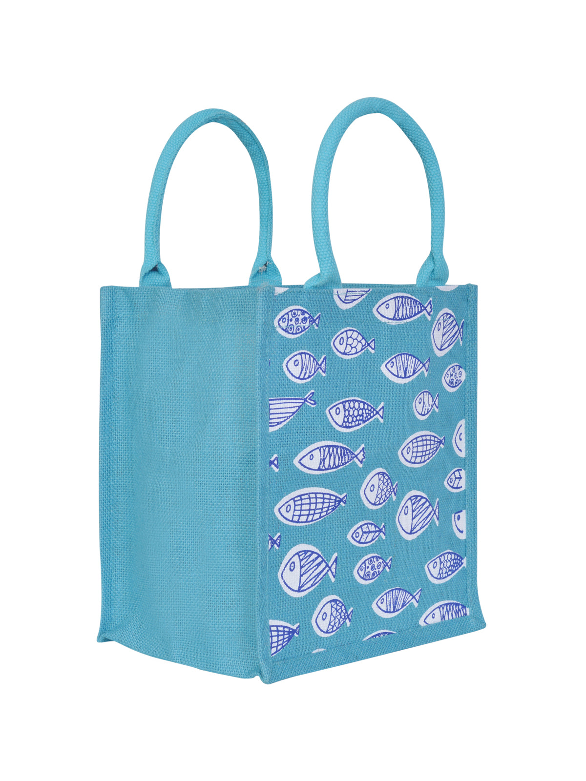JUTE COTTAGE FISH PRINT ZIPPER LUNCH BAG, SUSTAINABLE, ECO-FRIENDLY, 100% GENUINE JUTE, STYLISH (TURQUOISE BLUE 11X10X7)