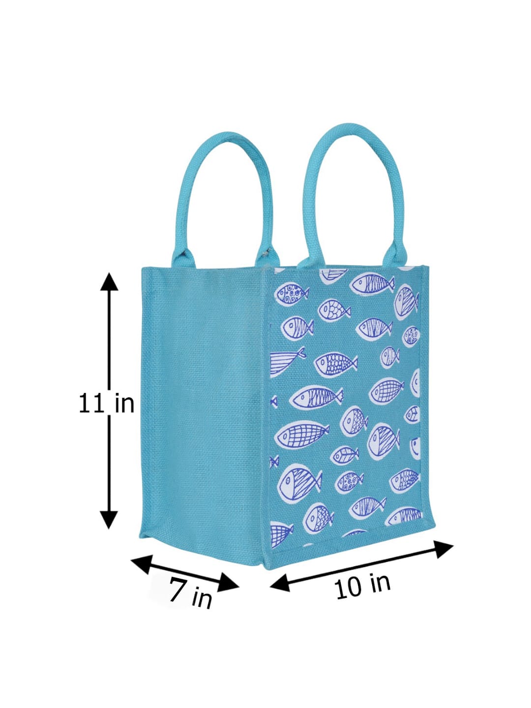 JUTE COTTAGE FISH PRINT ZIPPER LUNCH BAG, SUSTAINABLE, ECO-FRIENDLY, 100% GENUINE JUTE, STYLISH (TURQUOISE BLUE 11X10X7)