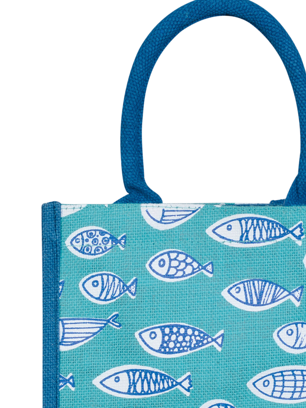JUTE COTTAGE FISH PRINT ZIPPER LUNCH BAG, SUSTAINABLE, ECO-FRIENDLY, 100% GENUINE JUTE, STYLISH (BRIGHT BLUE 11X10X7)