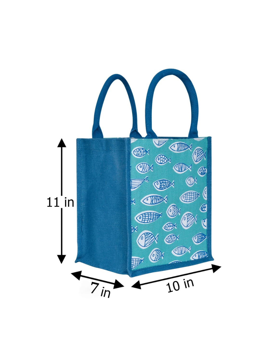 JUTE COTTAGE FISH PRINT ZIPPER LUNCH BAG, SUSTAINABLE, ECO-FRIENDLY, 100% GENUINE JUTE, STYLISH (BRIGHT BLUE 11X10X7)