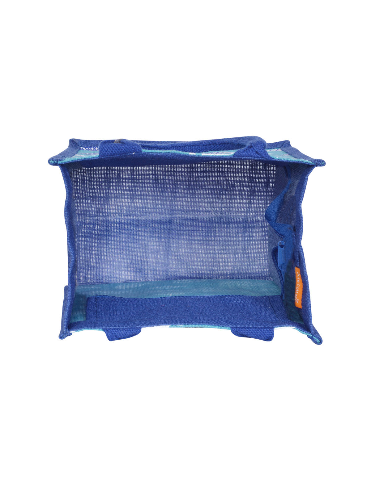 JUTE COTTAGE FISH PRINT ZIPPER LUNCH BAG, SUSTAINABLE, ECO-FRIENDLY, 100% GENUINE JUTE, STYLISH (BRIGHT BLUE 11X10X7)