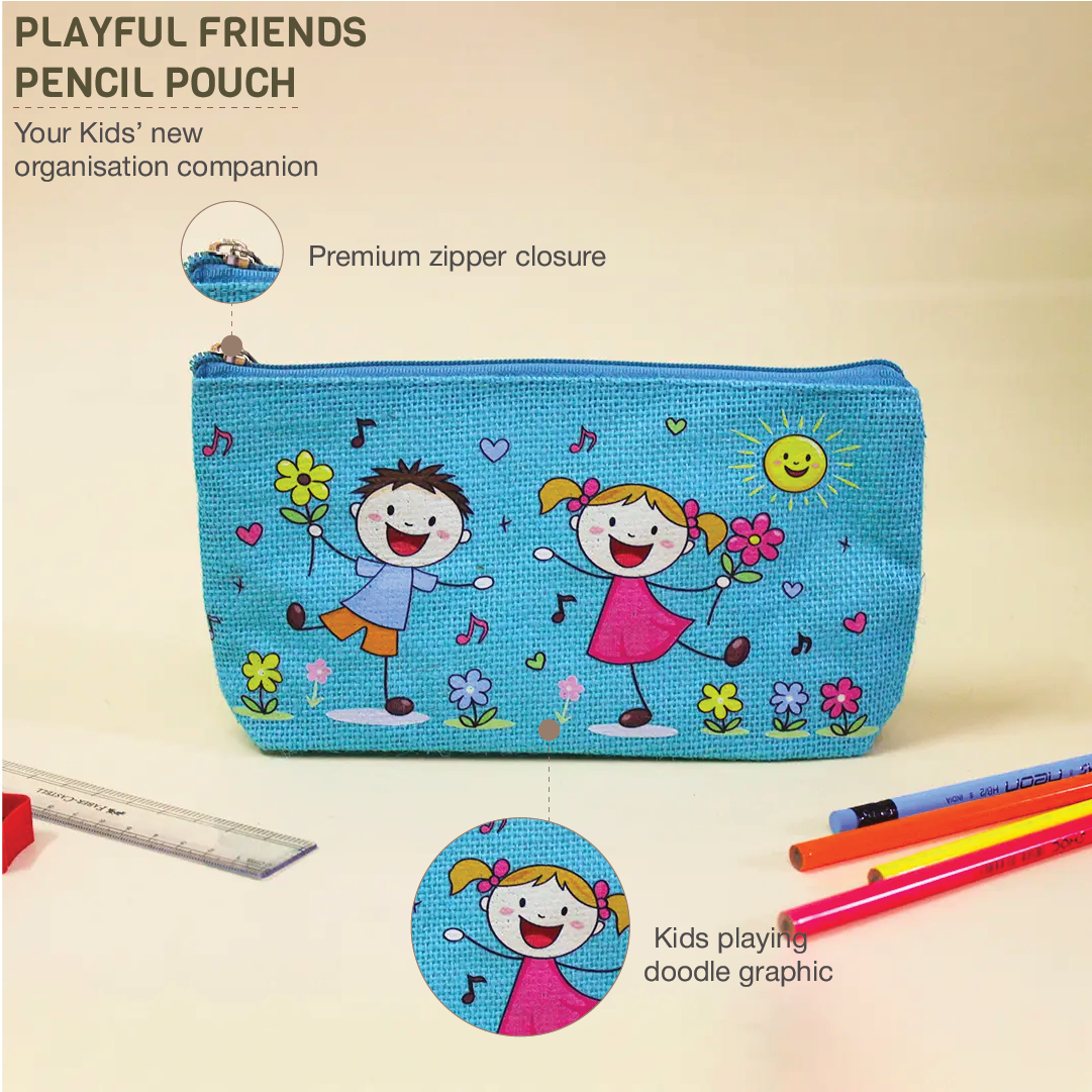 Playful Friends Jute Pencil Pouch