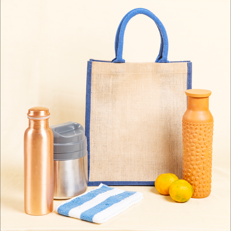 Maroon and Natural Jute Lunch Bag