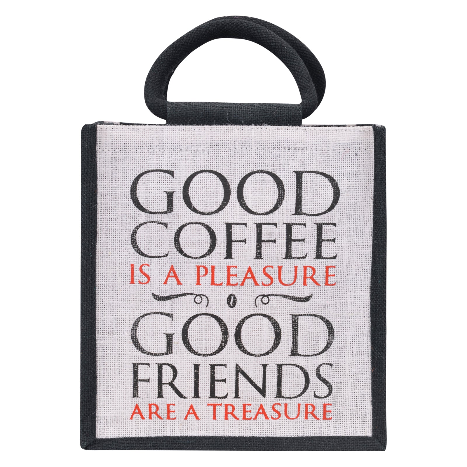 JUTE COTTAGE COFFEE FRIENDS LUNCH ZIPPER, SUSTAINABLE, ECO-FRIENDLY, 100% GENUINE JUTE, STYLISH (WHITE/BLACK 11X10X7.5)