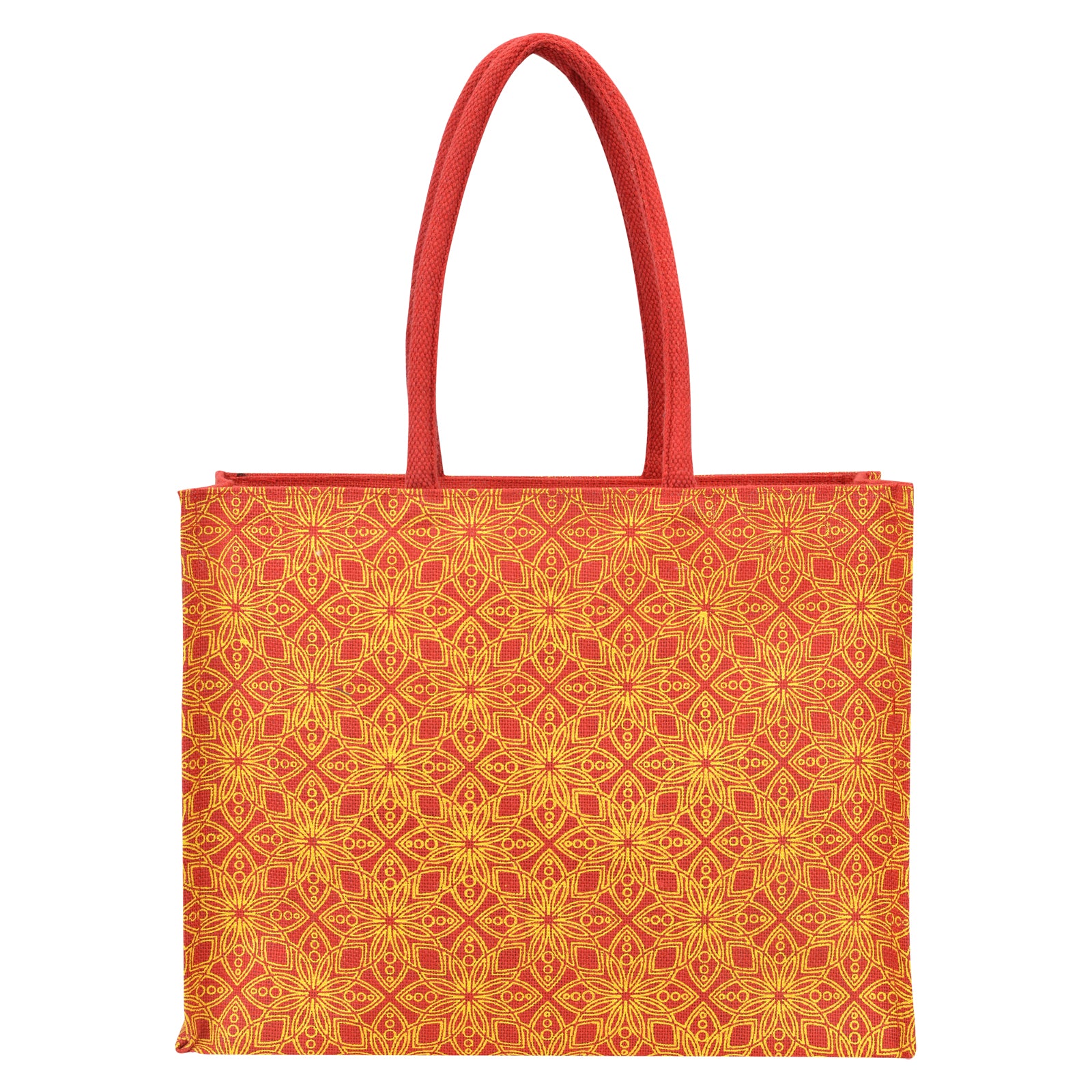 JUTE COTTAGE FLORAL MOTIF SHOPPING ZIPPER, SUSTAINABLE, ECO-FRIENDLY, 100% GENUINE JUTE, STYLISH (RED 13X17X7)