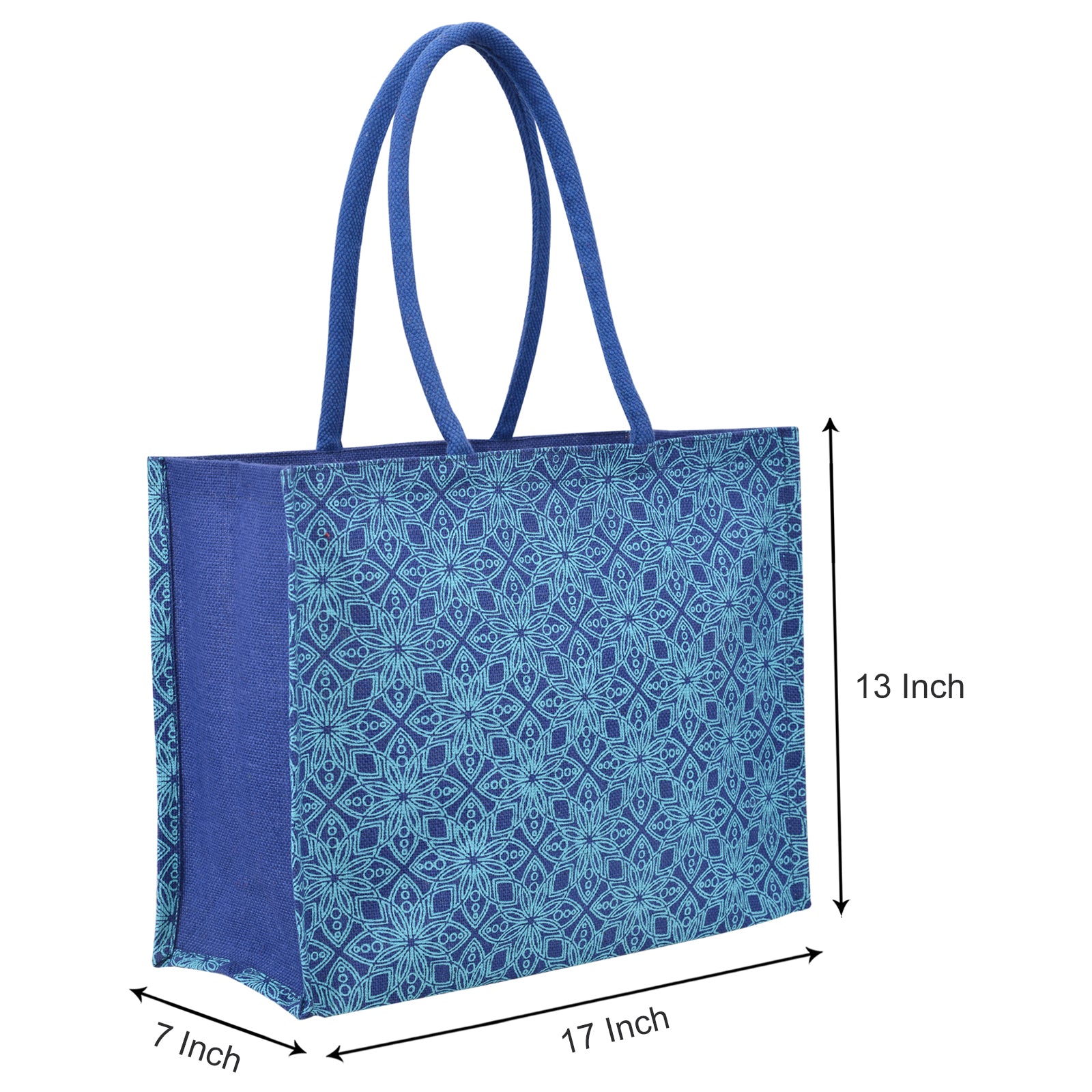 JUTE COTTAGE FLORAL MOTIF SHOPPING ZIPPER, SUSTAINABLE, ECO-FRIENDLY, 100% GENUINE JUTE, STYLISH (BRIGHT BLUE 13X17X7)