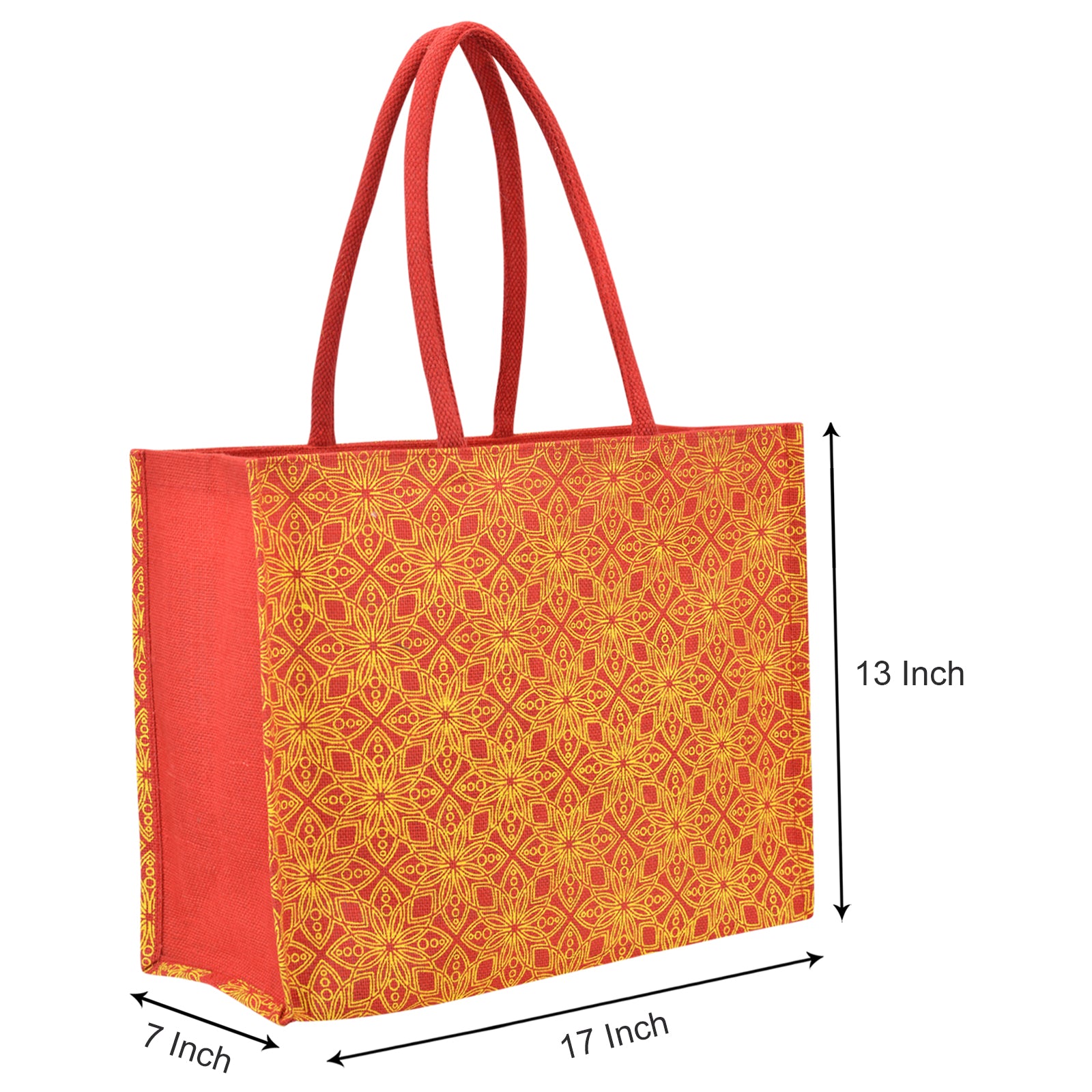 JUTE COTTAGE FLORAL MOTIF SHOPPING ZIPPER, SUSTAINABLE, ECO-FRIENDLY, 100% GENUINE JUTE, STYLISH (RED 13X17X7)