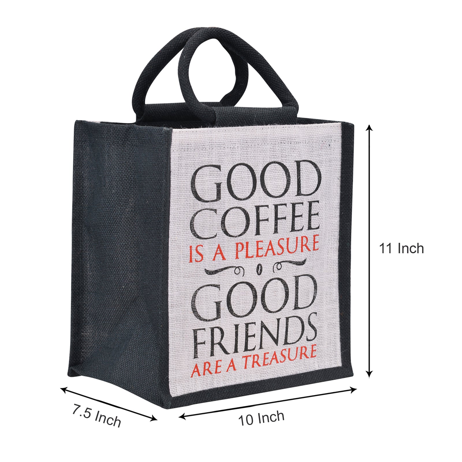 JUTE COTTAGE COFFEE FRIENDS LUNCH ZIPPER, SUSTAINABLE, ECO-FRIENDLY, 100% GENUINE JUTE, STYLISH (WHITE/BLACK 11X10X7.5)