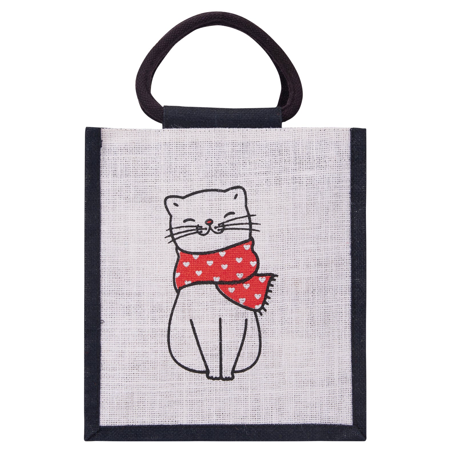 JUTE COTTAGE CAT PRINT ZIPPER LUNCH BAG, SUSTAINABLE, ECO-FRIENDLY, 100% GENUINE JUTE, STYLISH (BLACK 11X10X7)