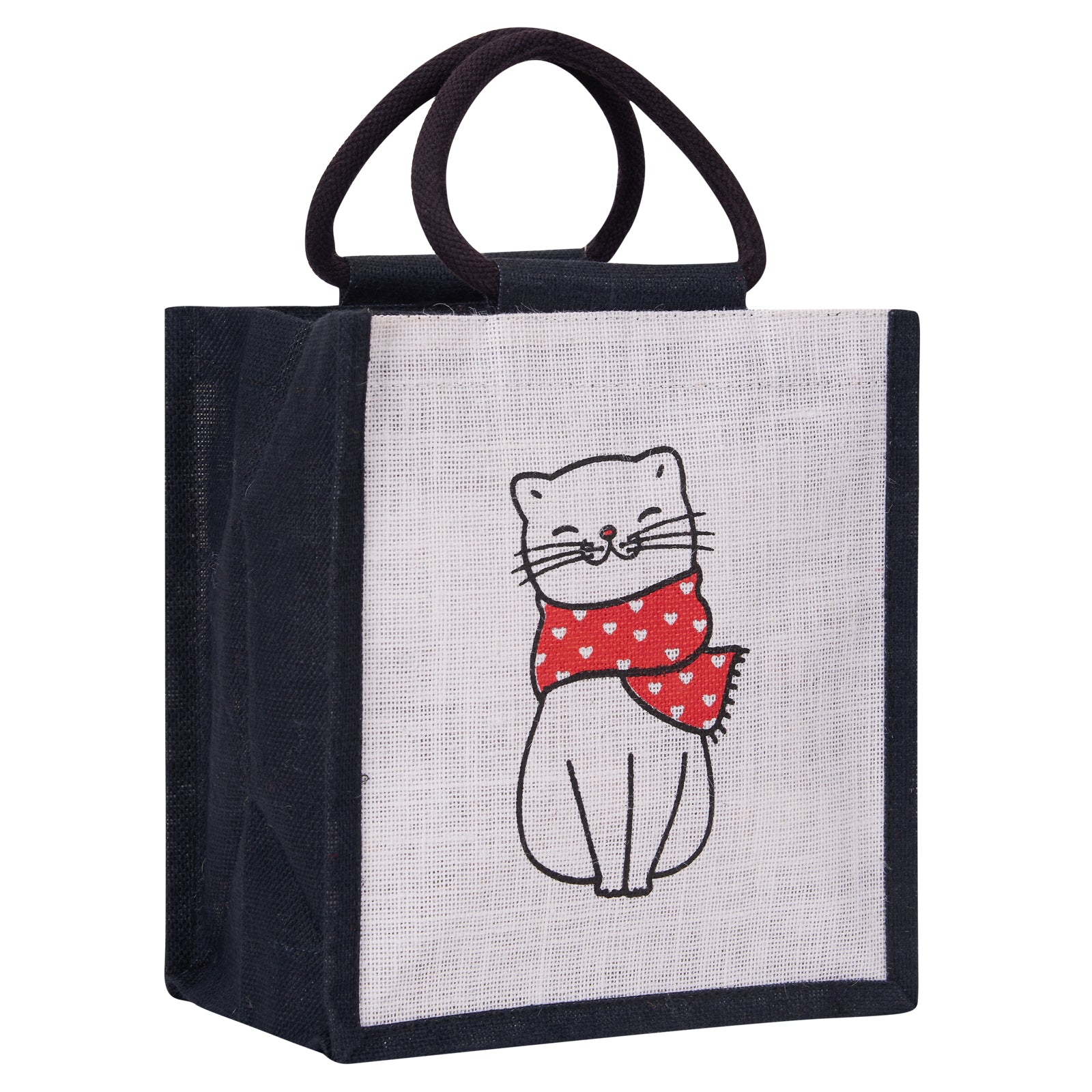 JUTE COTTAGE CAT PRINT ZIPPER LUNCH BAG, SUSTAINABLE, ECO-FRIENDLY, 100% GENUINE JUTE, STYLISH (BLACK 11X10X7)