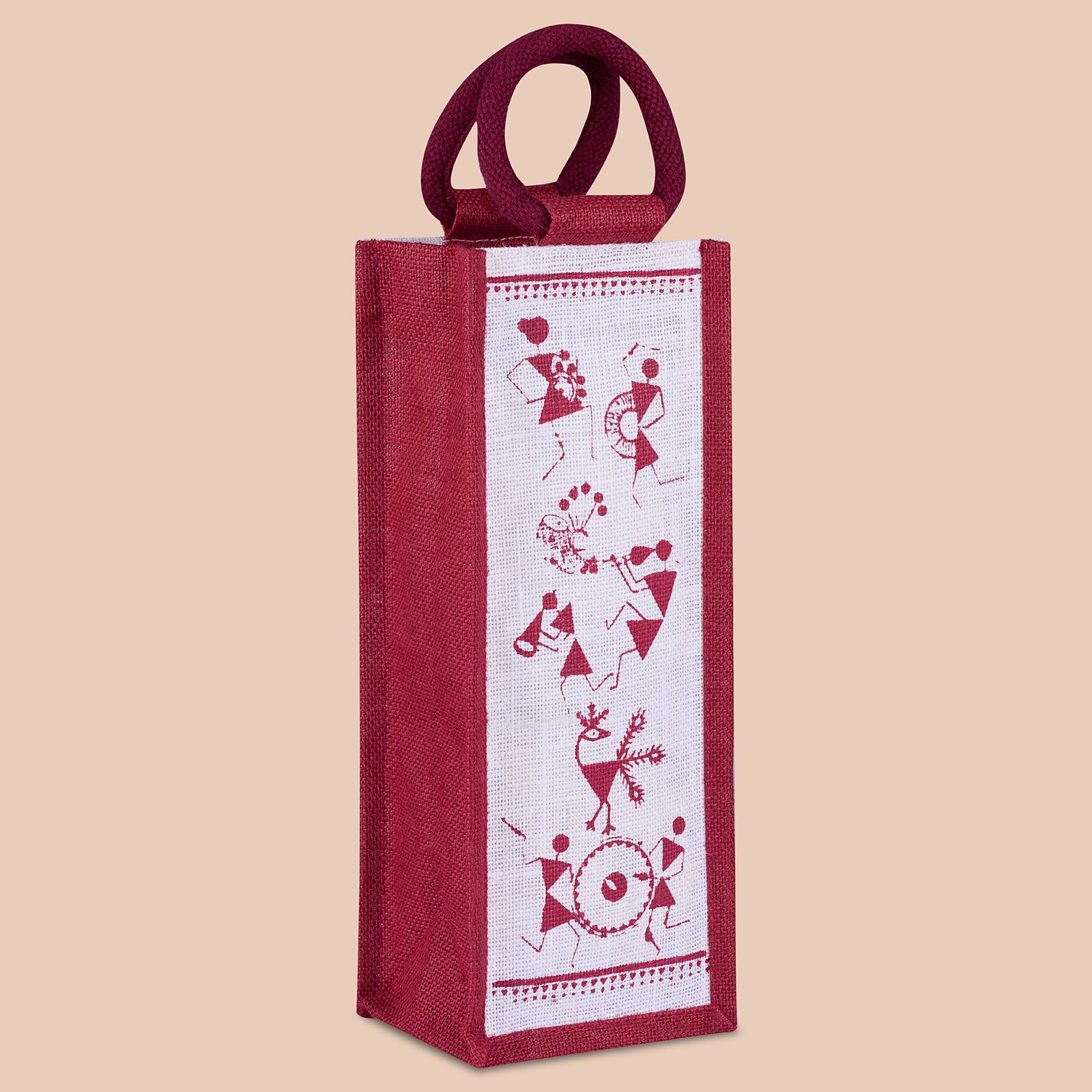 JUTE COTTAGE BOTTLE BAG WARLI PRINT, SUSTAINABLE, ECO-FRIENDLY, 100% GENUINE JUTE, STYLISH (WHITE/BROWN 14X5X4.5)