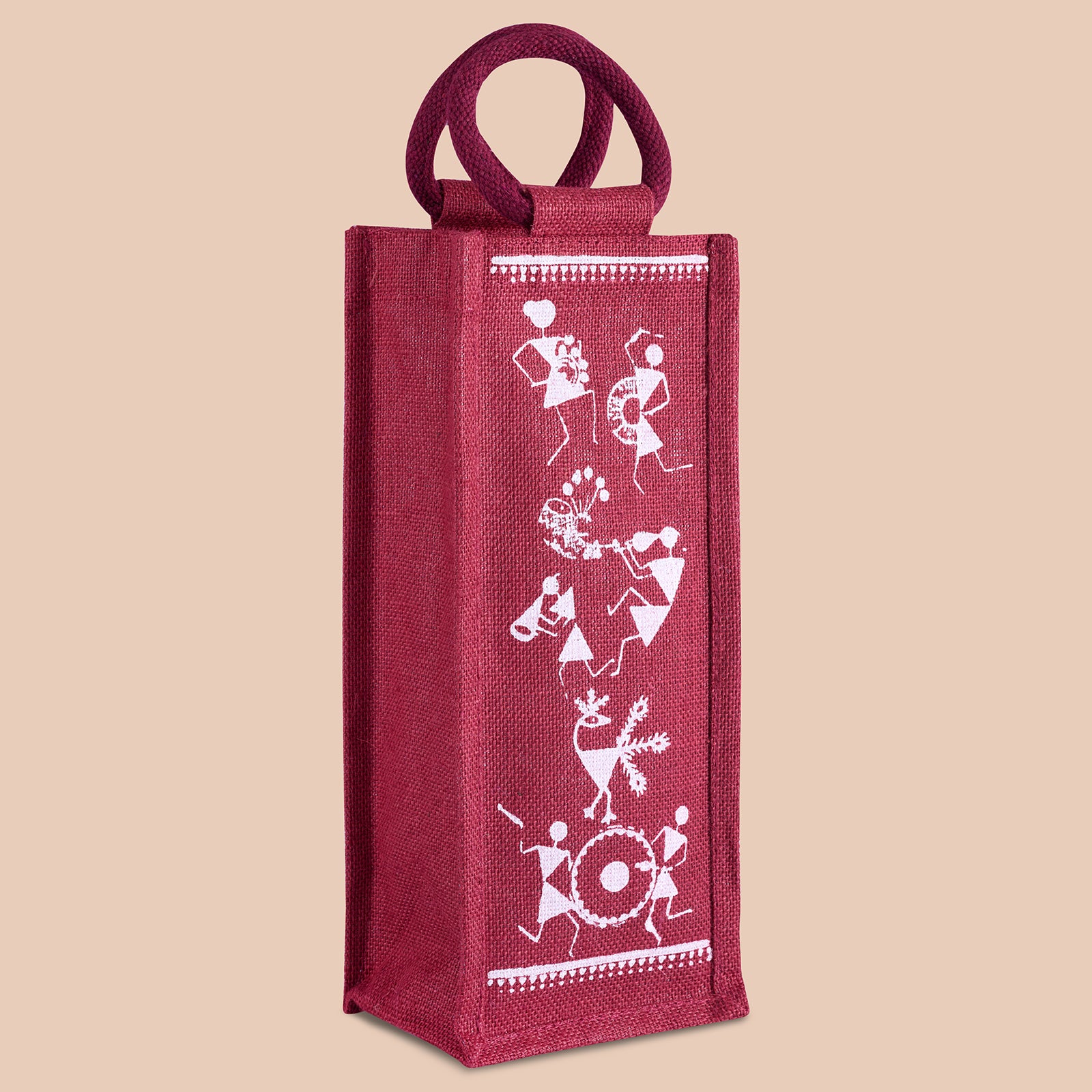 JUTE COTTAGE BOTTLE BAG WARLI PRINT, SUSTAINABLE, ECO-FRIENDLY, 100% GENUINE JUTE, STYLISH (WHITE/BROWN 14X5X4.5)