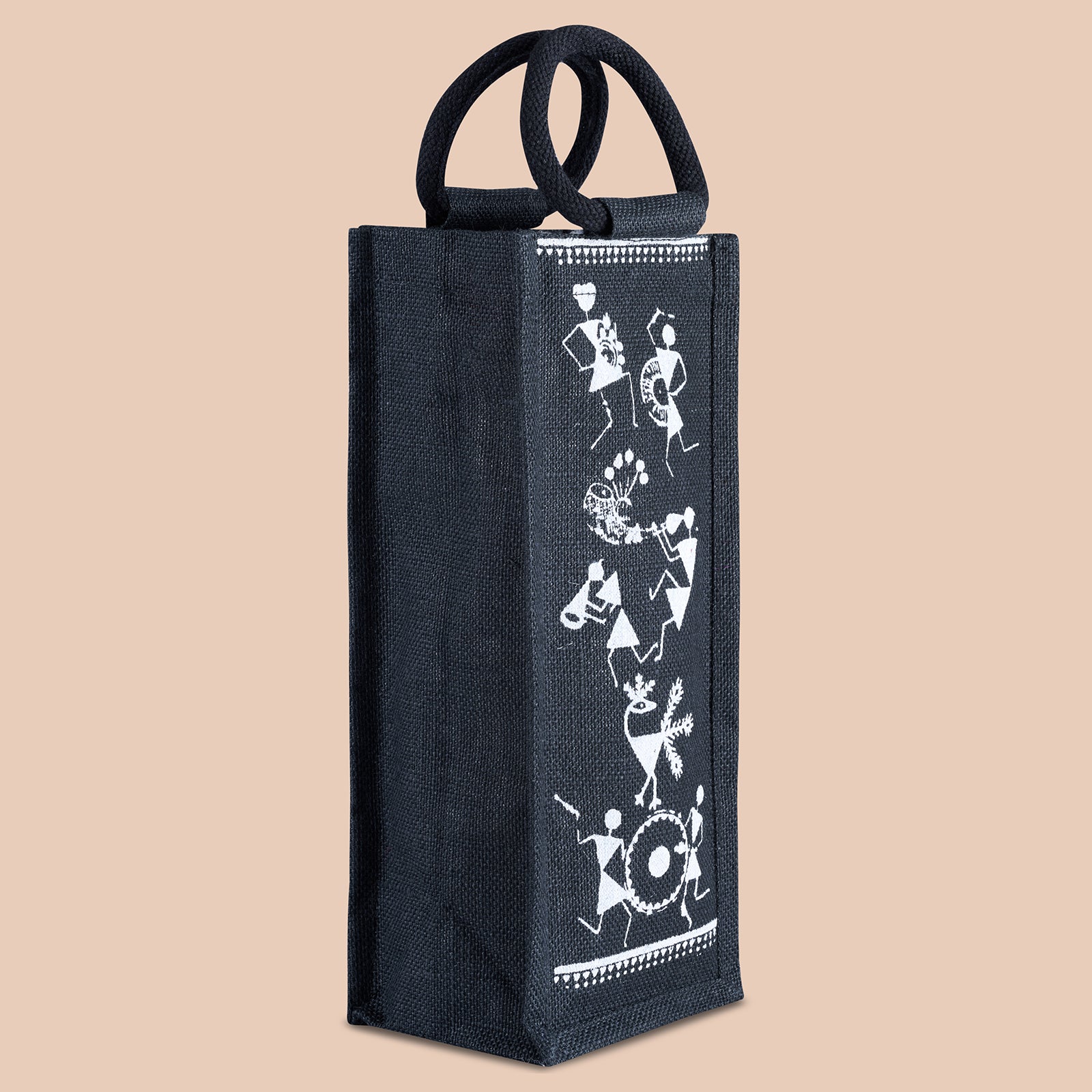 JUTE COTTAGE BOTTLE BAG WARLI PRINT, SUSTAINABLE, ECO-FRIENDLY, 100% GENUINE JUTE, STYLISH (WHITE/BROWN 14X5X4.5)
