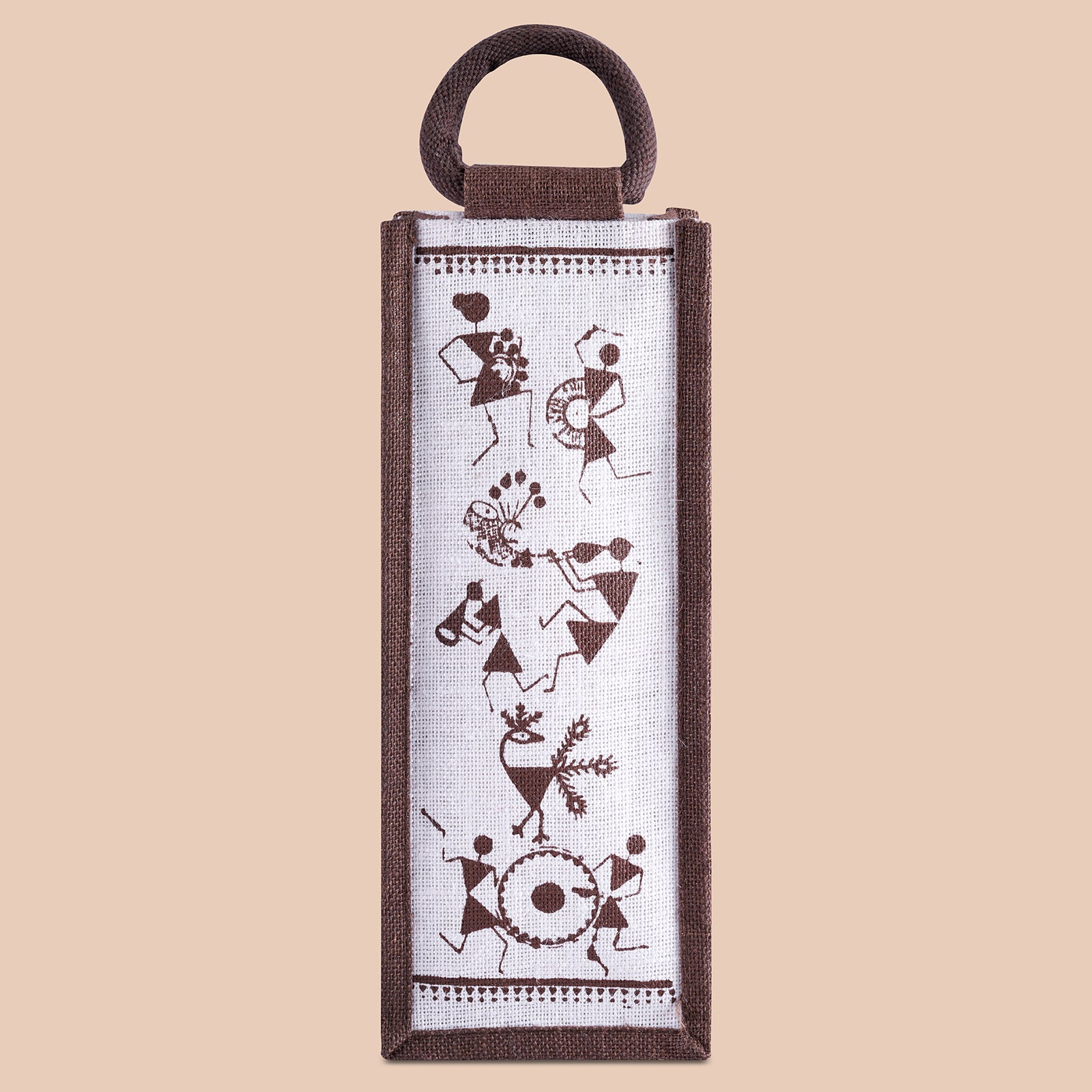 JUTE COTTAGE BOTTLE BAG WARLI PRINT, SUSTAINABLE, ECO-FRIENDLY, 100% GENUINE JUTE, STYLISH (WHITE/BROWN 14X5X4.5)