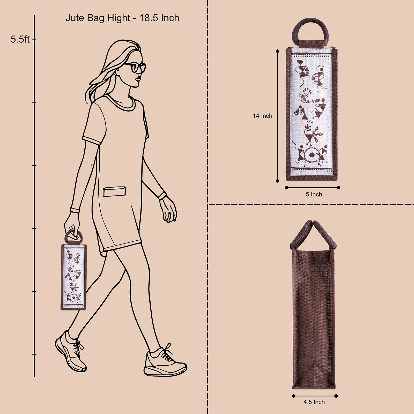 JUTE COTTAGE BOTTLE BAG WARLI PRINT, SUSTAINABLE, ECO-FRIENDLY, 100% GENUINE JUTE, STYLISH (WHITE/BROWN 14X5X4.5)